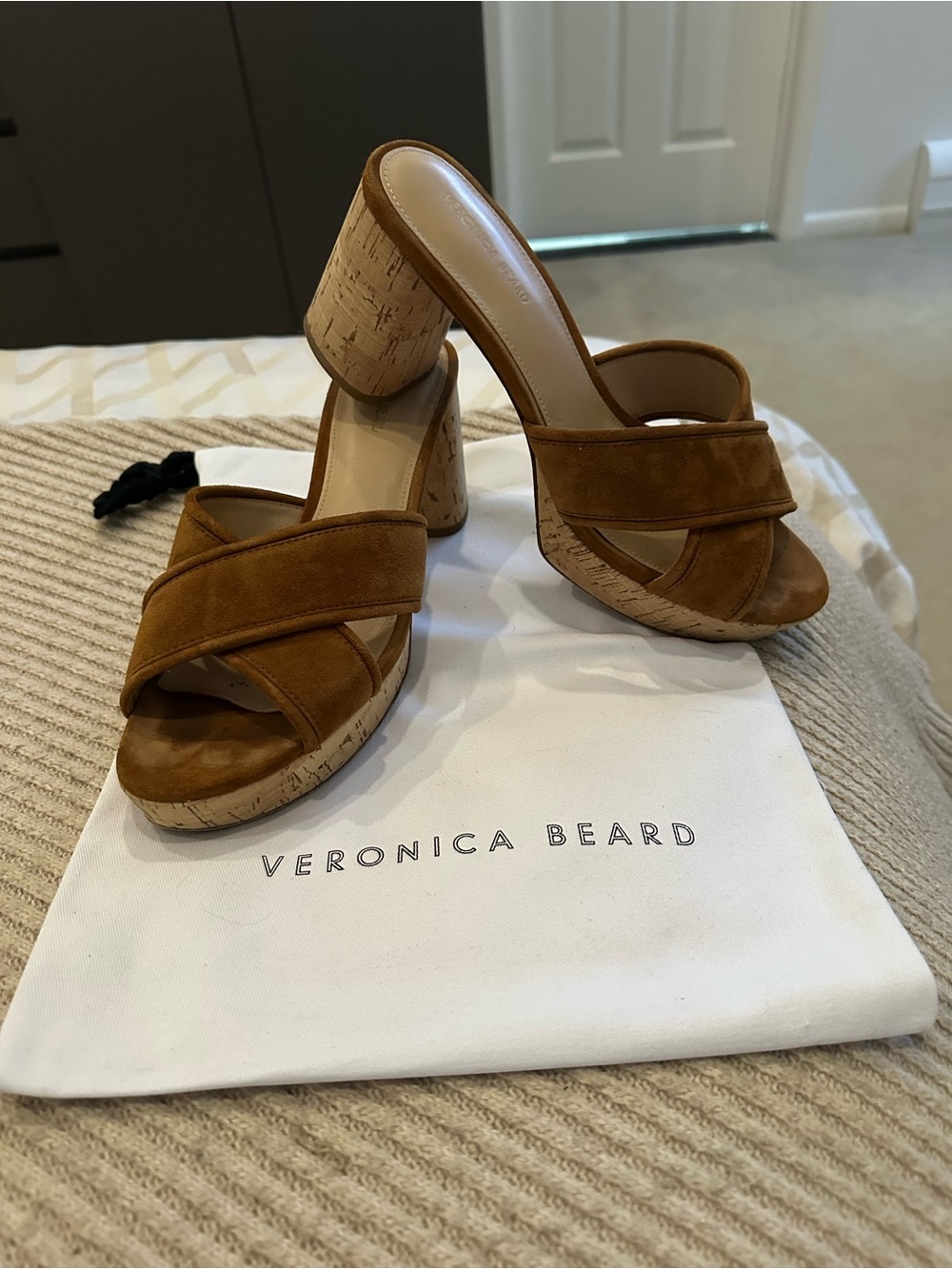VERONICA BEARD Camel Suede Cork Platform Mule
